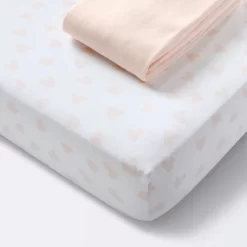 Jersey Fitted Crib Sheet - Pink Hearts And Solid Pink - 2pk - Cloud Island™ -Cloud Island™ GUEST 5f307d03 734a 4ea2 9ca6 6230cb06c9e1