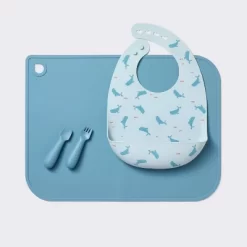 Silicone Bib And Utensil Feeding Set - 4pc - Blue - Cloud Island™ -Cloud Island™ GUEST 91556a1d 3696 4956 a2d4 70bcd56ffeb9